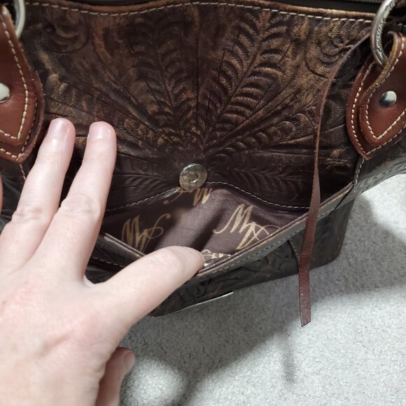 AMERICAN WEST Tooled Leather Woven Shoulder Tote Bag Purse Weave Western Boho - Picture 8 of 14